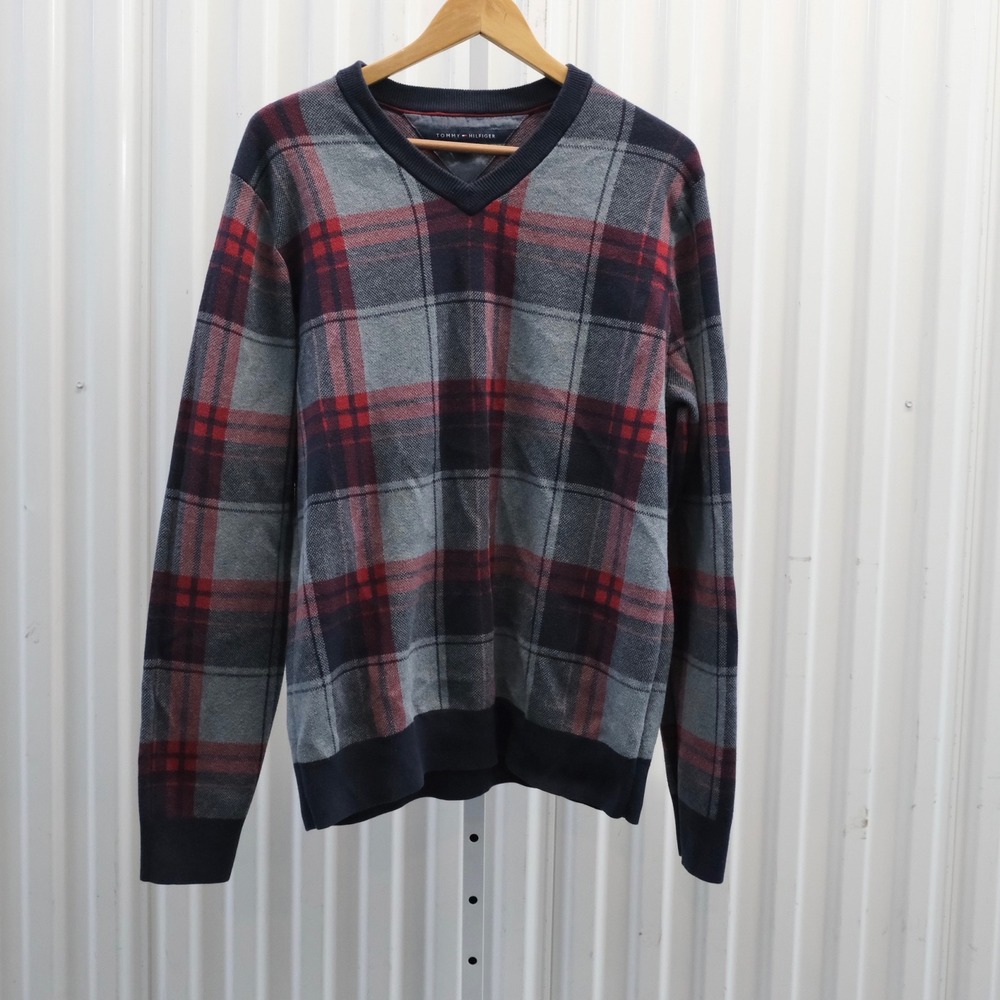 Tommy Hilfiger Plaid V-Neck Sweater Men's Large Gray Red Cotton Blend